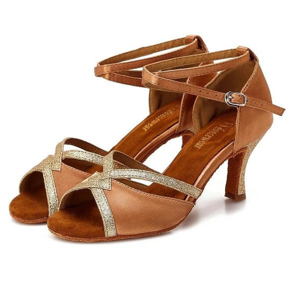 TTDanceWear Shoes - TTDanceWear Womens Brown Copper Satin Glitter Ballroom Dance Heels Shoes 9.5 NEW